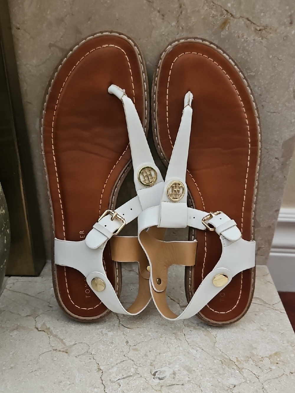 Tommy Hilfiger T-Strap Sandals with Gold Accents